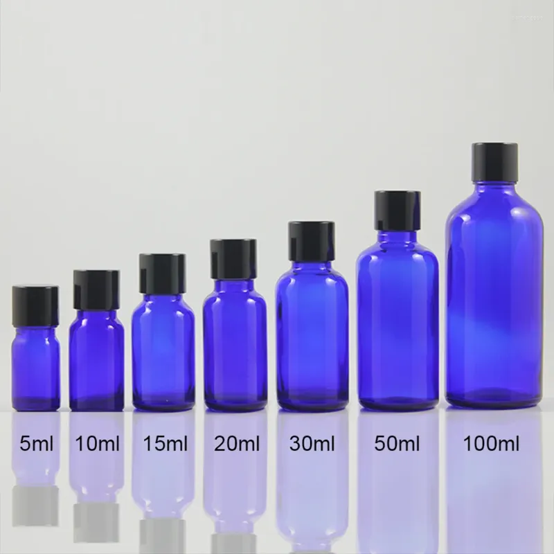 Bottiglie di stoccaggio 10 ml vuoto con tappo a vite nera di imballaggio in vetro blu.