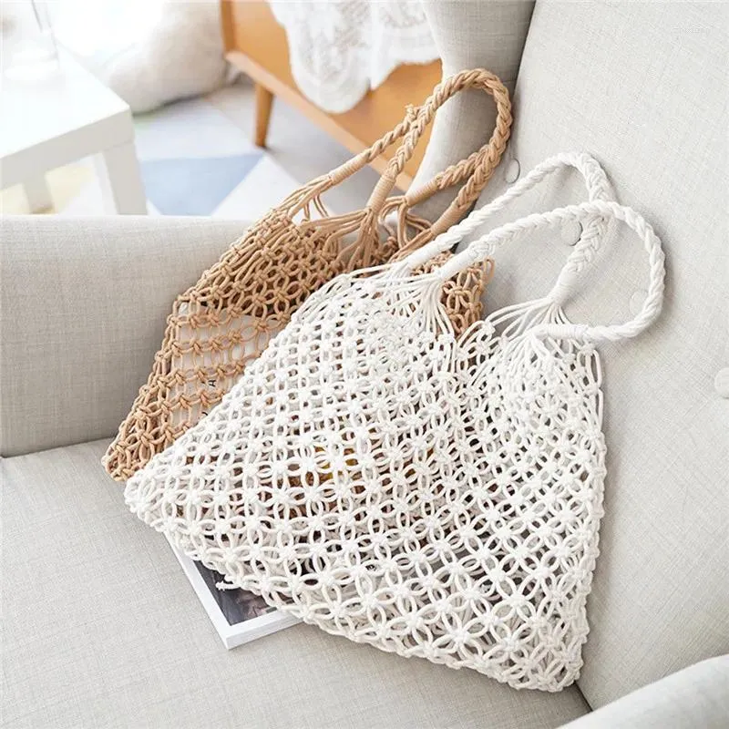 Drawstring Cotton Rope Woven Women's Handbag Handmade Knitted Mesh Bag Bohemian Summer Straw Beach Female Hollow Tote Net Shoulder Bags