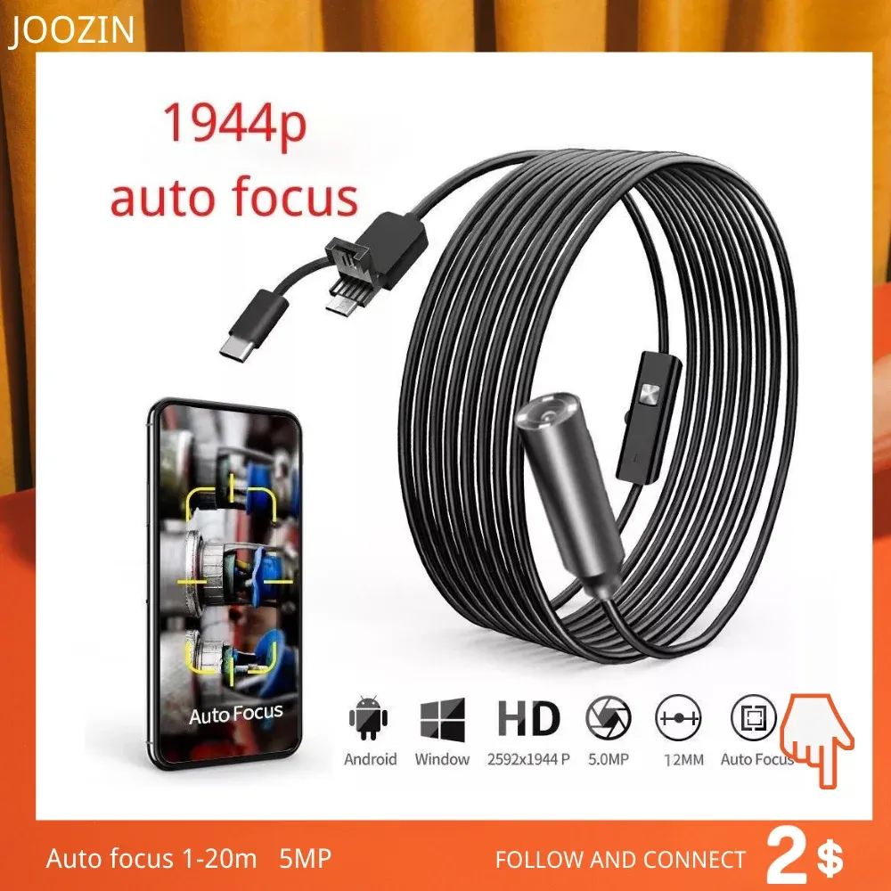 Cameras Auto Focus 5MP Endoscope Camera Borescope pour l'inspection des tuyaux de voiture 1080p mini caméra 4 câbles LED CAME CAMERIE Android PC