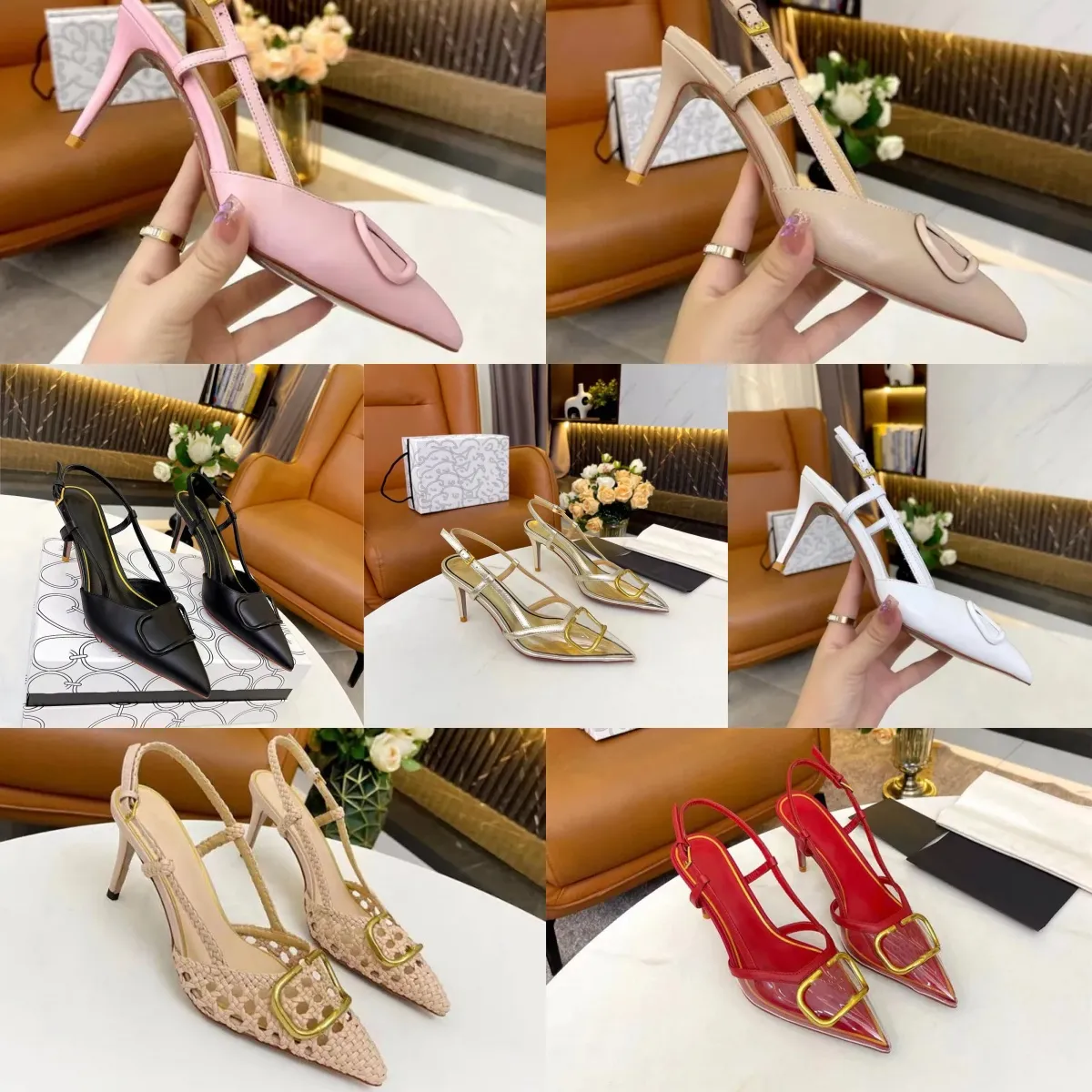 2024 Summer Designer Heel Nouveau rivet Chaussures à talons hauts Chaussures Chaussures Femme Nude Patent Cuir peu profond Bouche pointée Pête sexy 35-41