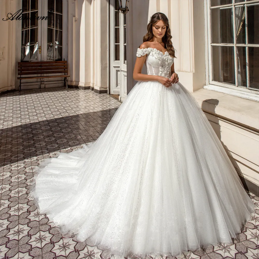 Sparkly Off Shoulder Ball Gown Wedding Dress Lace, Beading Pearl