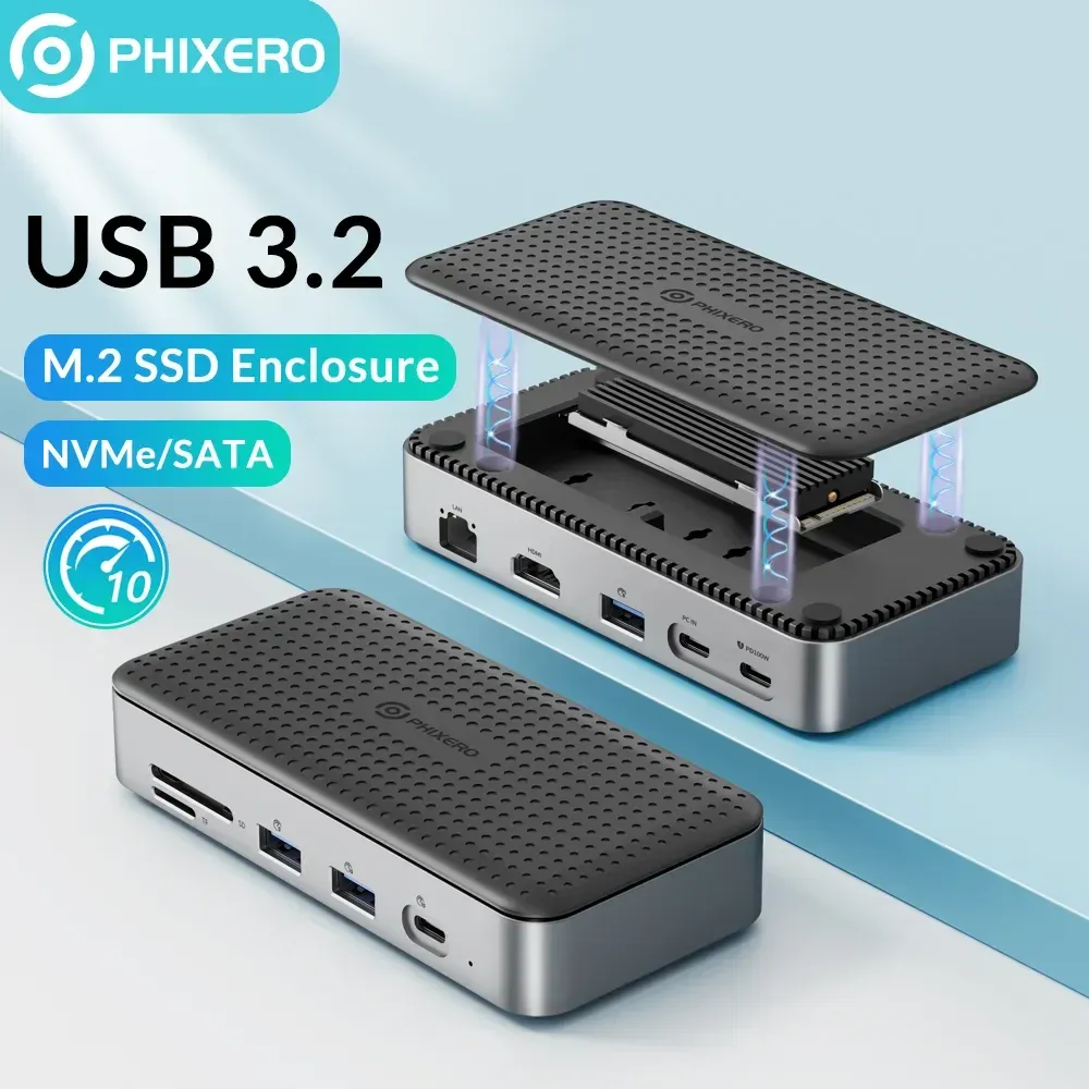 Obudowa Phixero USB 3.2 Dual Portocol Docking Station z M.2 SSD Obudowa 10 Gb/s SD/TF 10 w 1 stacji dokującej na PC Laptop MacBook