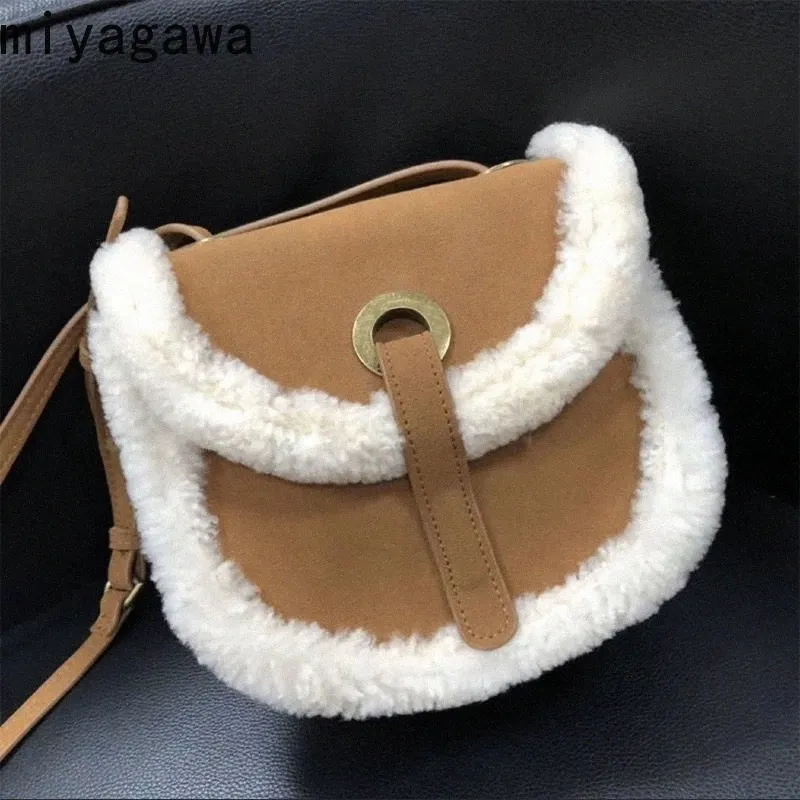 miyagawa Plush Bag for Women 2023 New Autumn Winter Retro Commuter Lamb Hair Single Shoulder Handheld Crossbody Saddle Bags 83XJ#