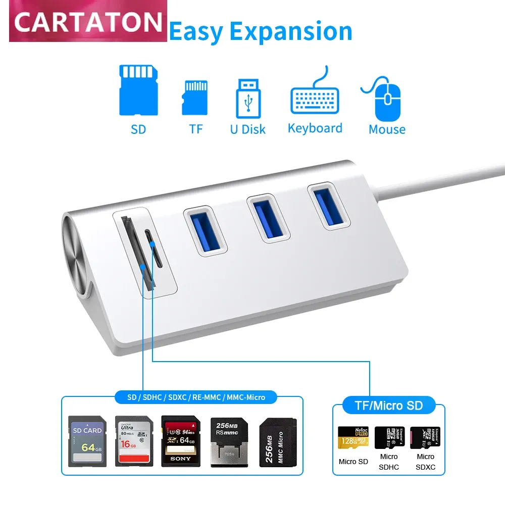 Hubs Cartaton OTG Aluminium 5 w 1 HUB USB 3.0 Transflash Secure Digital Memory Card Card Reader USB Hub 3.0