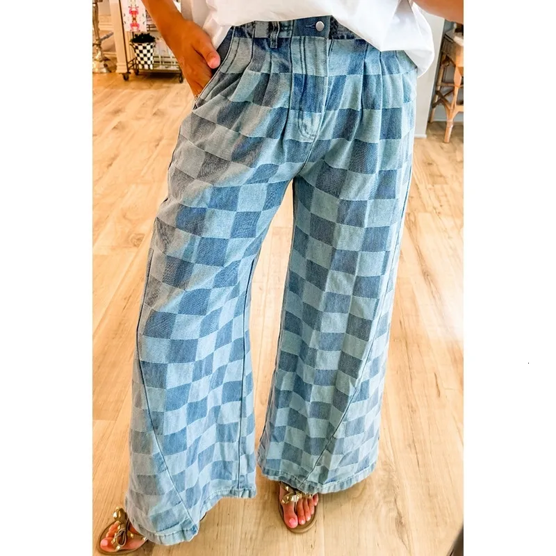Wide Leg Checkered Trousers: Womens High Waist Checkered Denim