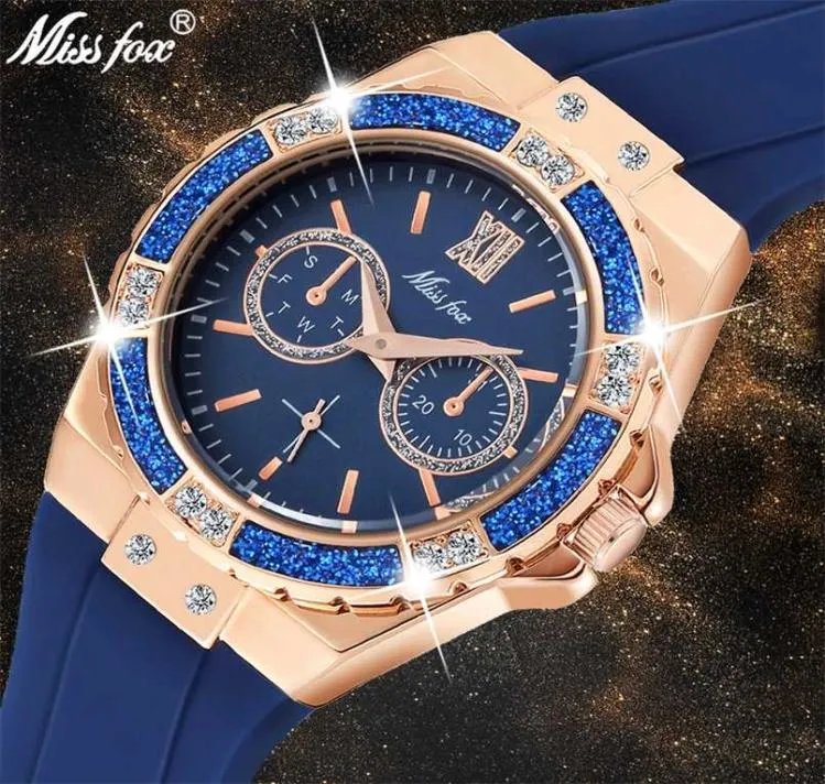 Miss Women039s Watches Chronograph Rose Gold Sport Watch Ladies Diamond Blue Rubber Band XFCS Analog Female Quartz Wristwatch 27056173