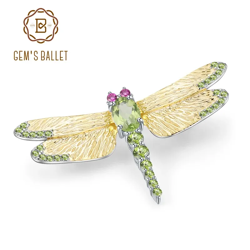 Balé de joias Gem 1.13ct verde natural peridot broruach de pedra preciosa 925 Sterling sliver Broches de libélula artesanal para mulheres vestidos