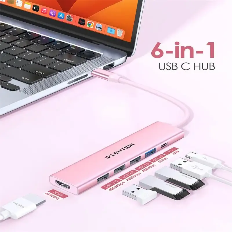 Hubs lezione 6 in 1 adattatore USB C hub con 4K HDMI 100W PD ricarica USBA Porte di tipo C per MacBook Pro, New Mac Air/Surface