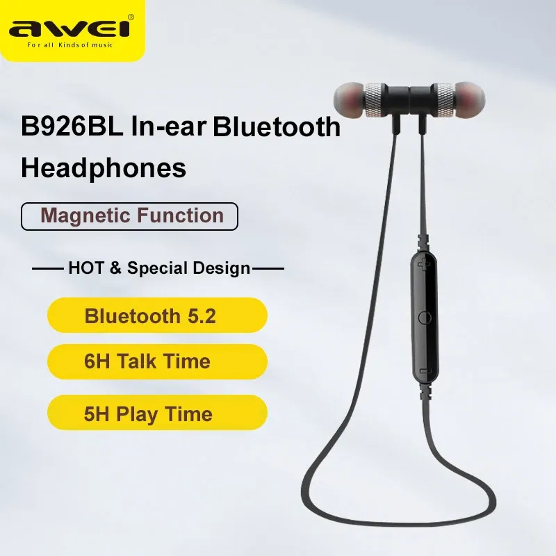 イヤホンawei B926BLワイヤレスBluetooth 5.2イヤホンヘッドフォンハンドフリーネックバンクステレオスポーツヘッドセット携帯電話用マイク付き