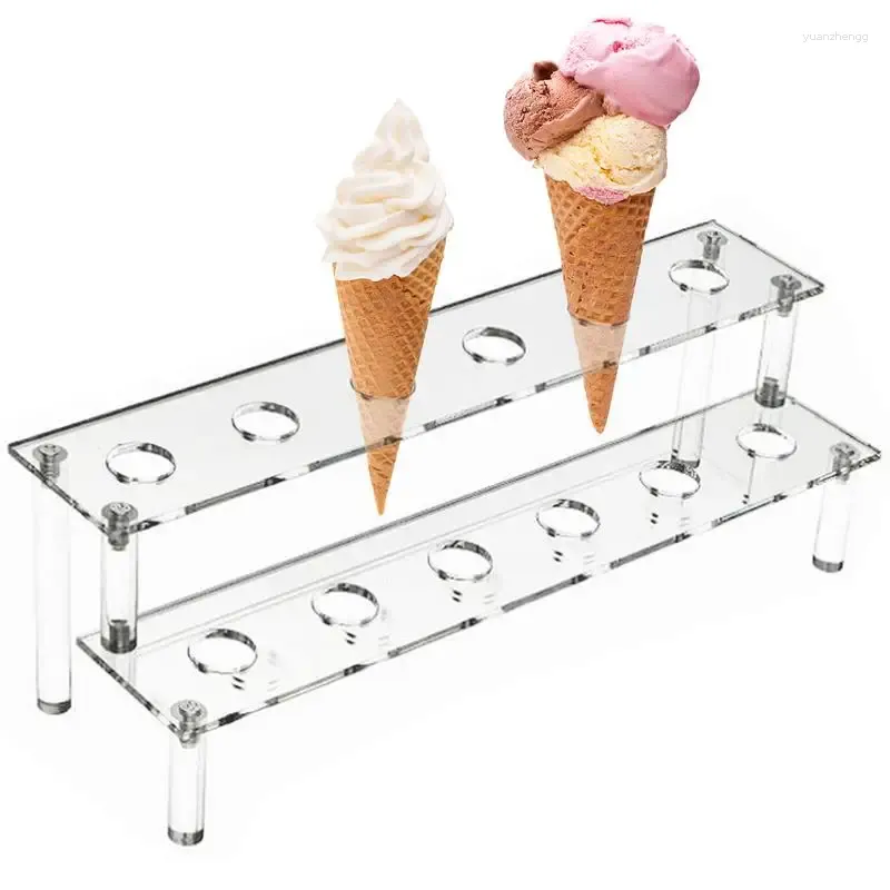 Plaques décoratives Clear Acrylic Ice Cream Cone Stand Display pour les cônes Organisateur de bureau de conception à double couche