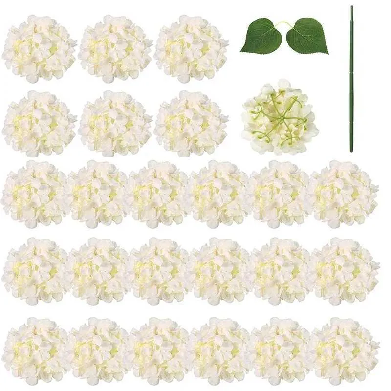 Faux floralgrüne Seidenhordera künstliche Blumen Hortensie Köpfe Braut Hochzeitsstrauß mit Stielen Home Hochzeitsfeier Dekorationen T240422