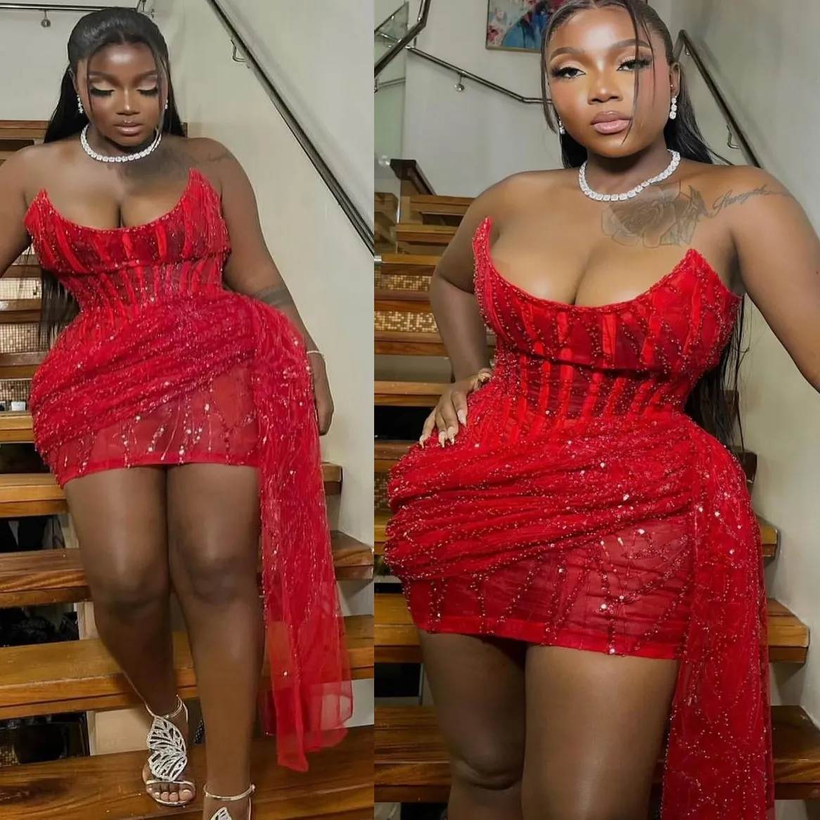 Sequin Short Graduation Dress Red Strapless Mini Sheath Cocktail Party ...