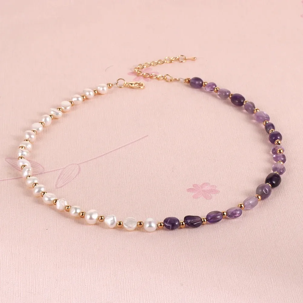 Necklaces Women Freshwater Pearls Natural Stone Beaded Choker Chain Amethyst Citrine Crystal Tiger Eye Necklace Casual Jewelry