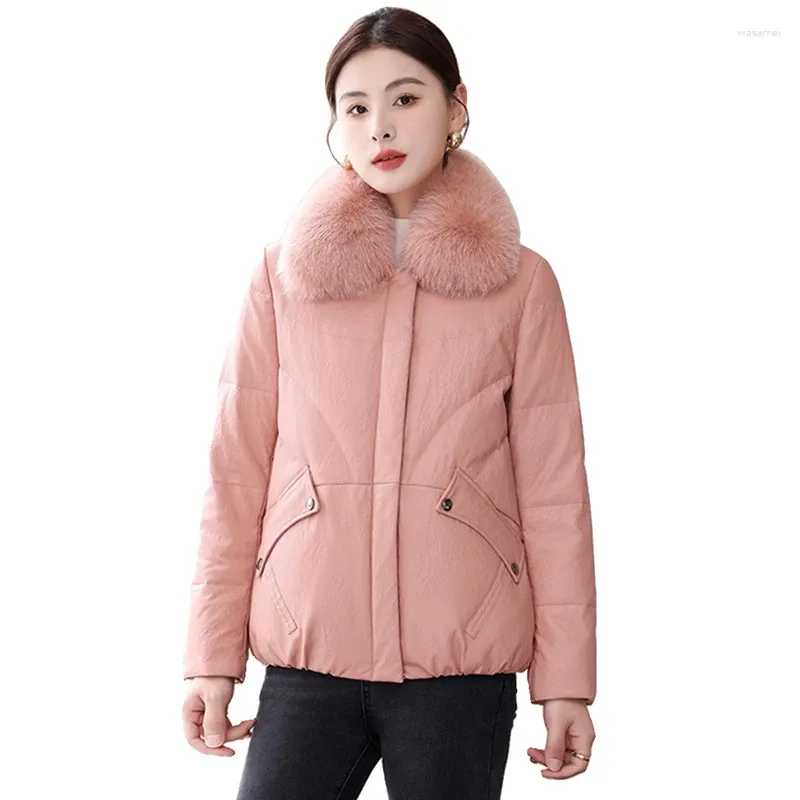 Women's Leather Women Winter Casual Down Jacket Fashion Warm Real Fur Collar Loose Sheepskin Coat Split