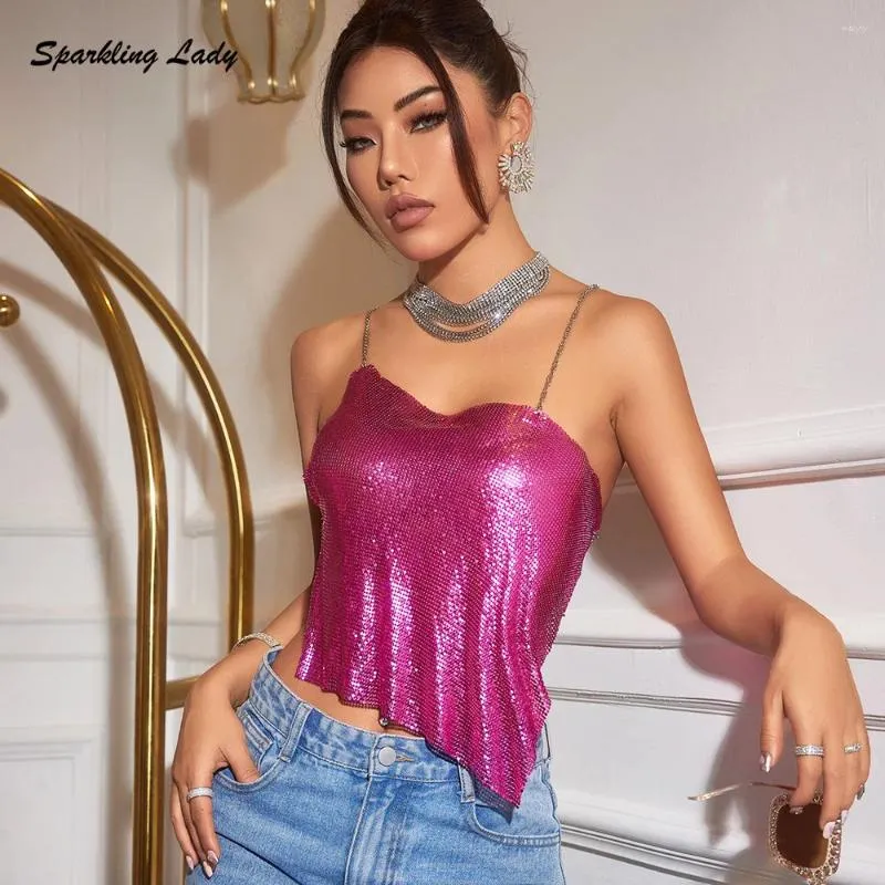 Women's Tanks Shiny Fashion Pink Metal Mesh Crop Top For Girls Sexy Night Club Slim Chain Backless Metallic Mail Party Birthday