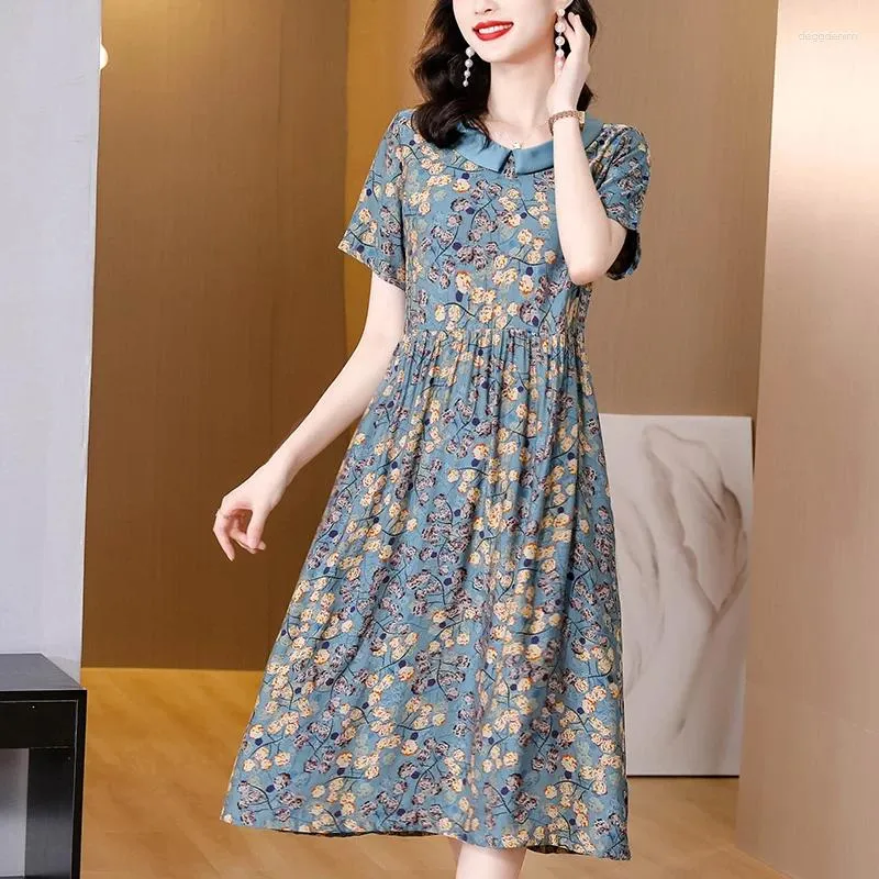 Robes de fête Fashion Floral Silk Doll Collar MIDI Robe Summer Summer Short Manneve Femmes décontractées coréen Vintage Elegant Bodycon Robe