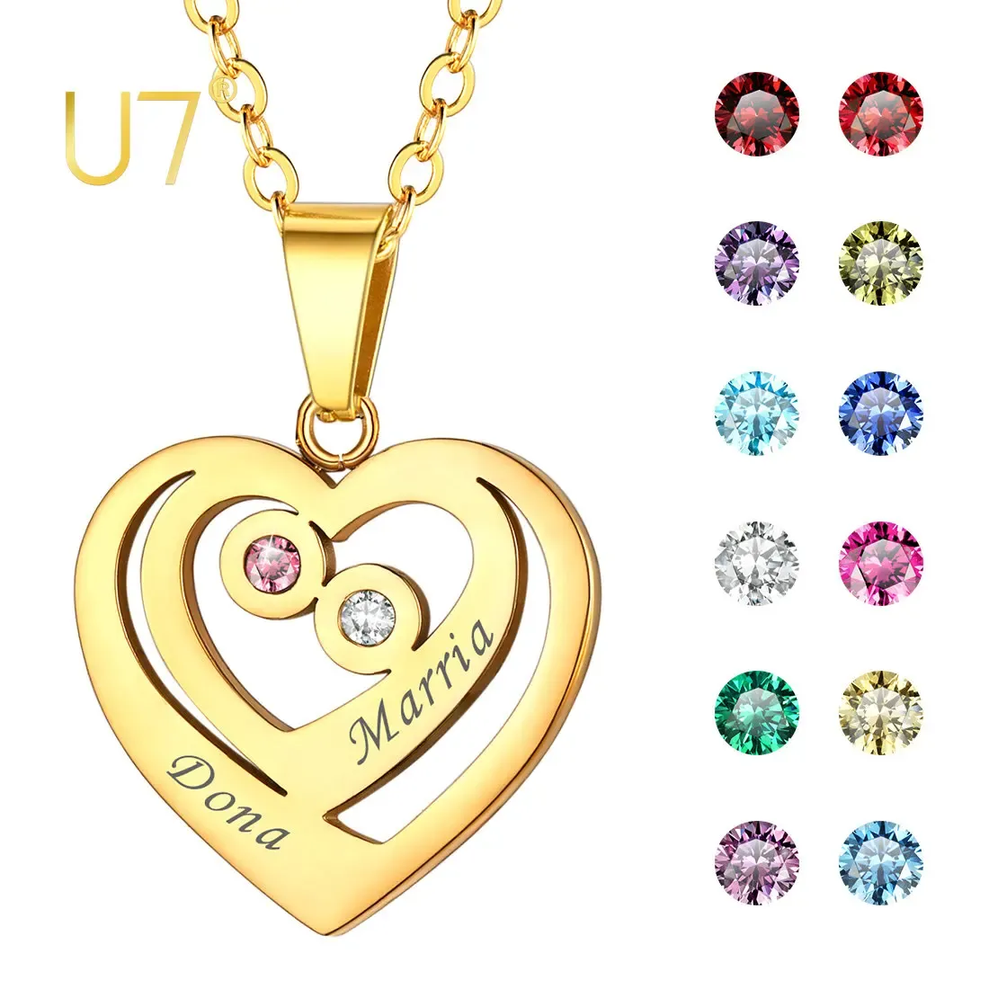 Colliers U7 Collier de noms personnalisés en acier inoxydable avec des quartiers de naissance avec un pendentif coeur en couches gravé bijoux personnalisé pour maman grand-mère