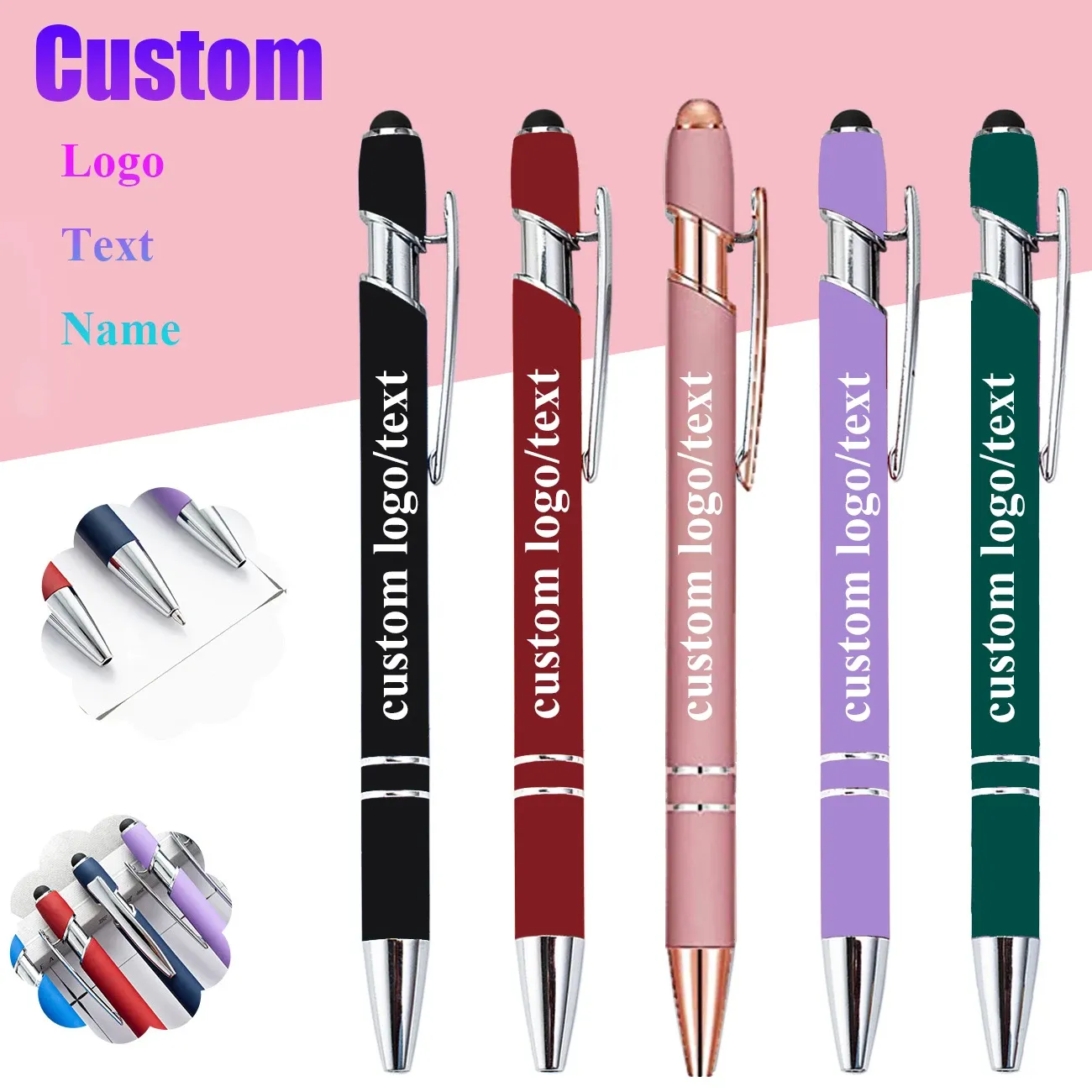 Pennor Personlig penna Anpassad logotyp Gravnamn Bollpunkt Pen med stylus Tip Svart bläck Metal Pen Graduation Office Birthday Present