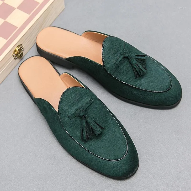 Casual Shoes Fashion Tassel Suede Leather Men Green Half For Man Luxury Slippers Breathable Mules Sandals Loafers
