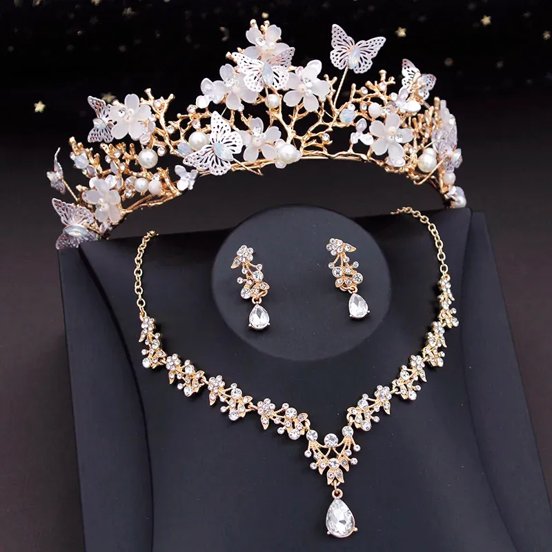 Collane splendide set di gioielli da sposa a tiaran a farfalla per donne crown fiore girocollo da sposa sposa da sposa accessori per costumi