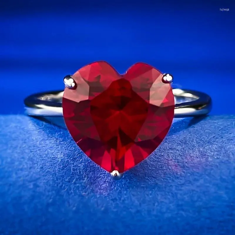 Clusterringen Spring Qiaoer Solid 925 Sterling Silver 10mm Hart Wedding Sparkling Ruby High Carbon Diamond Fine Jewelry