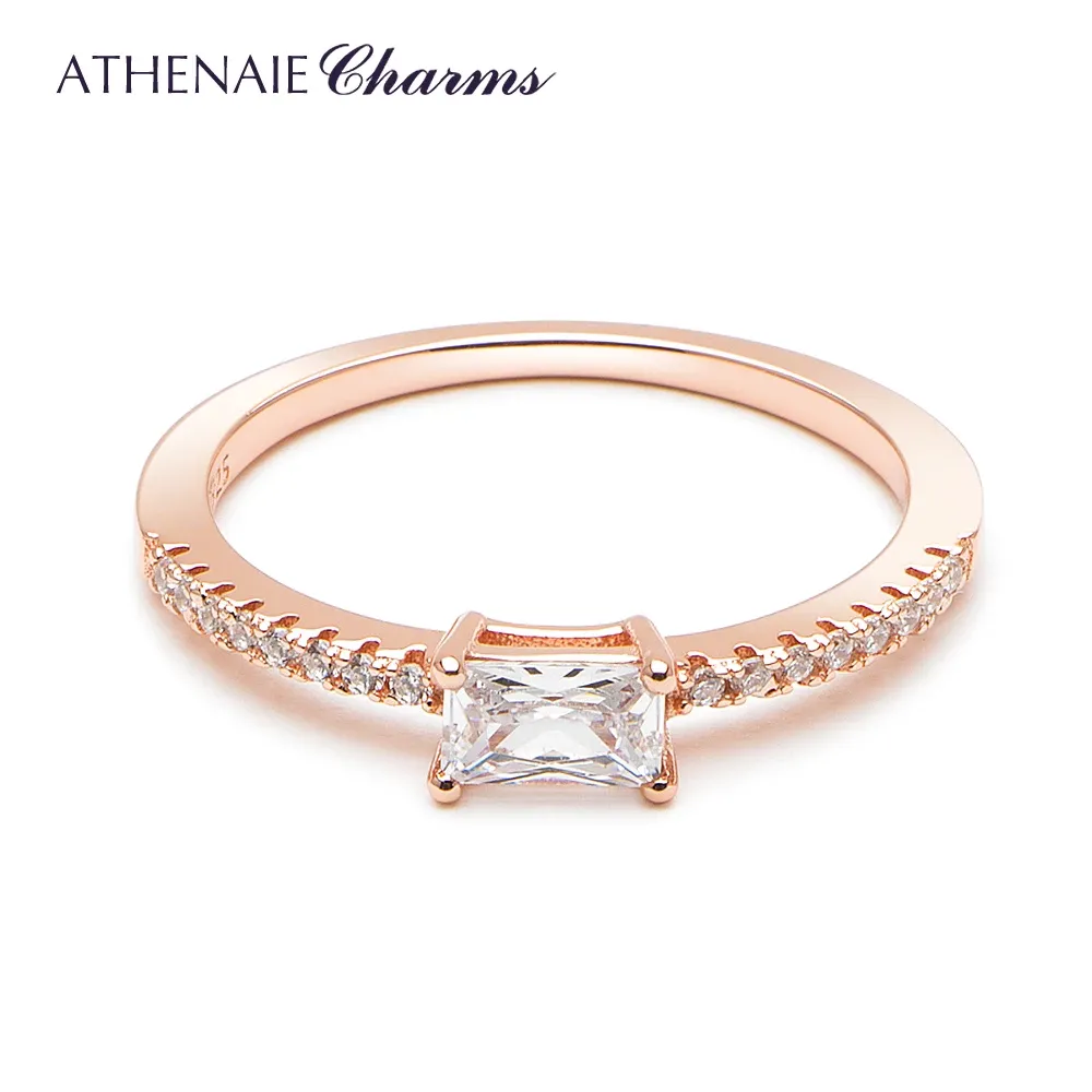 Rings Athenaie 925 Sterling Silver CZ Sparkling Square Halo Rings Color Rose Gold voor vrouwen stapelbare vingerring voor vrouwen