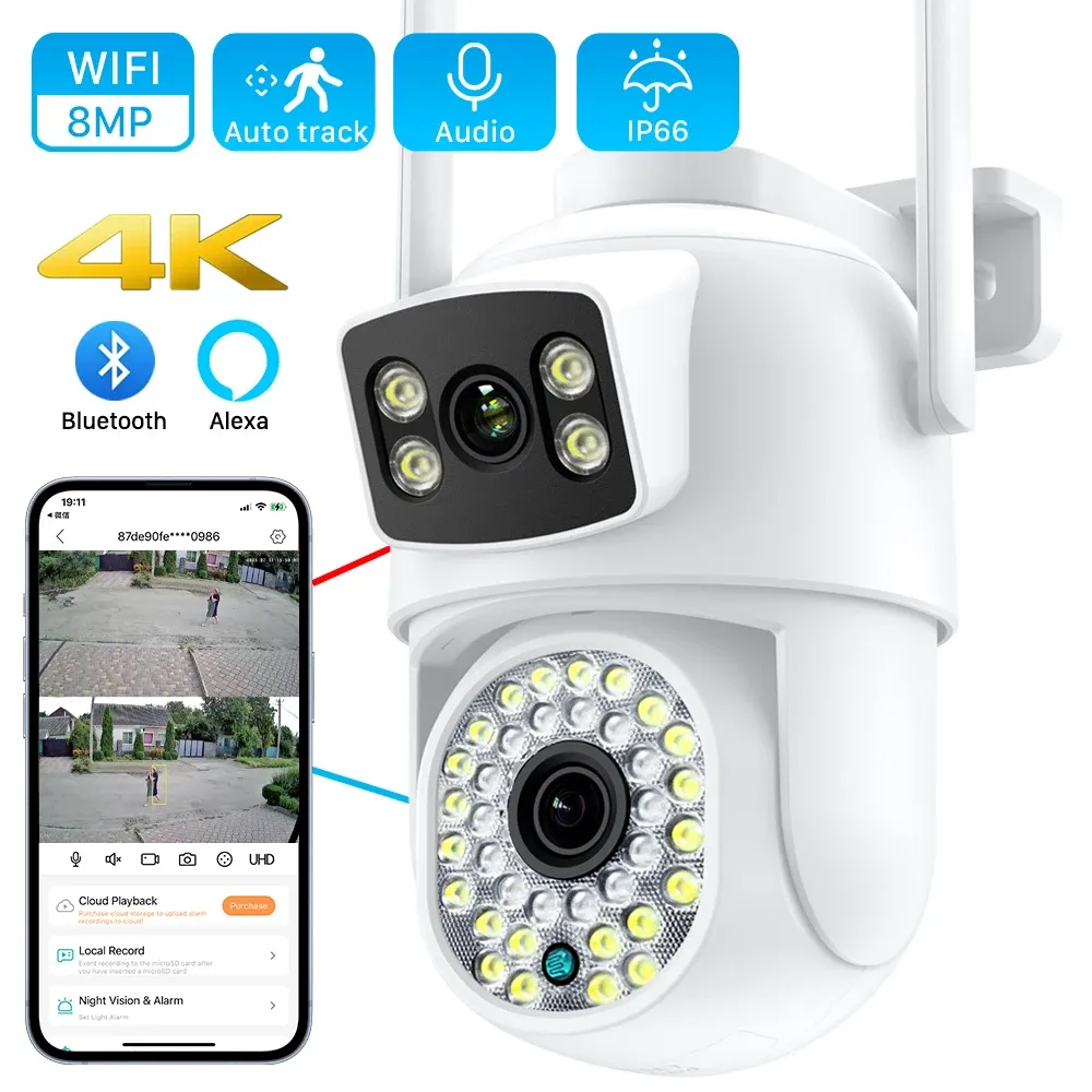 Kameror 8MP 4K WiFi Camera Dual Lens Ai Human Detect Auto Tracking Outdoor Wireless Security Camera 4MP Color Night Vision Videokamera