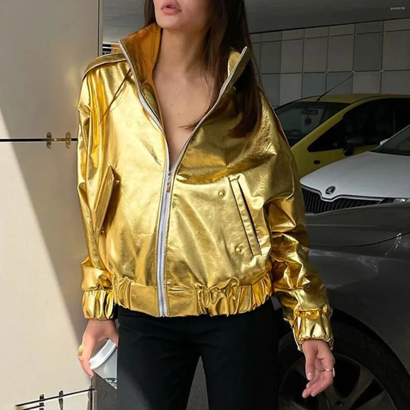 Women s Jackets Gold Silver PU Leather Jacket For Women Autumn Winter BF Bomber Zipper Long Sleeve Stand Collar Motorcycle Biker