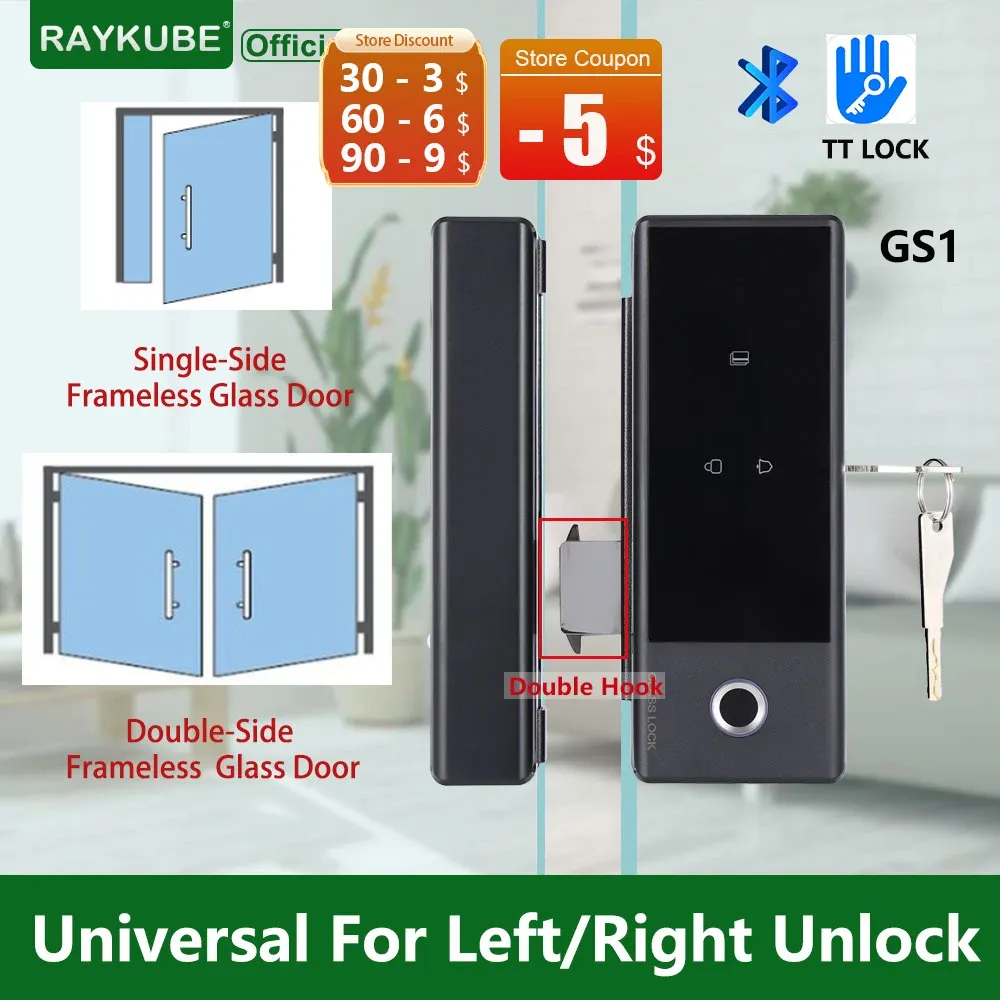 Besturing Raykube GS1 TT Lock Smart Glass Lock voor glazen deur biometrische vingerafdruk elektronisch digitale slotboren gratis voor kantoor/thuis