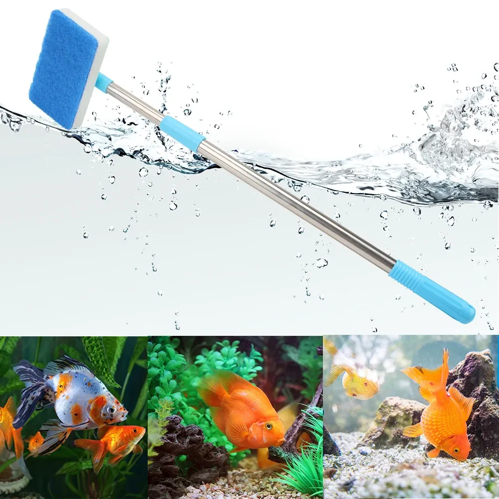 Aquariums Super Long Handle Aquarium Fish Tank Glass Window Algae Doublesided Sponge Cleaning Brush 180° Adjustable Cleaner Scrubber