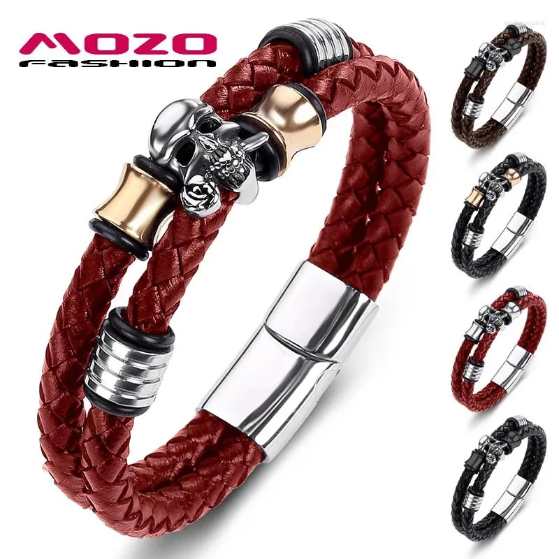 Charm Bracelets MOZO FASHION Men Braided Leather Rope Chain Stainless Steel Skull Wholesale Male Punk Bangle Skeleton Jewelry 196