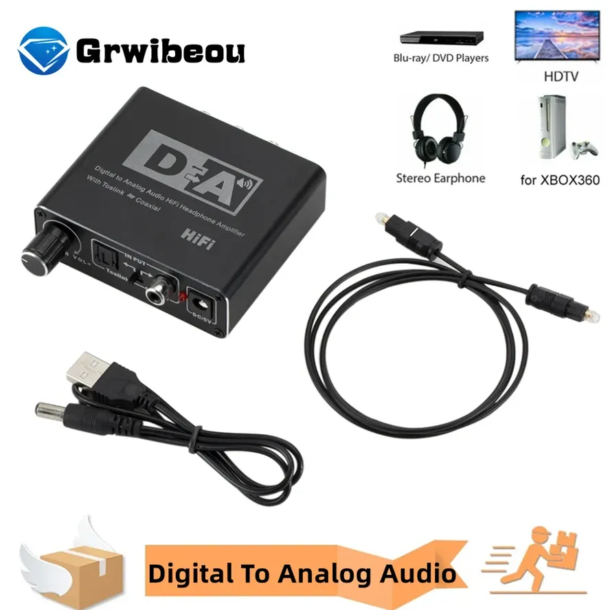 Converter GRWIBEOU HIFI DAC Digital To Analog Audio Converter RCA 3.5mm AUX RCA eadphone Amplifier Toslink Optical Coaxial Output DAC