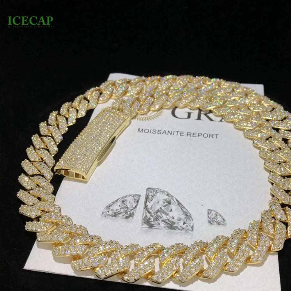 Collana cubana ghiacciata hip hop 14k 18k oro 18 mm 15 mm 2rows moissanite diamante a catena cubana sterling argento 925 set di gioielli
