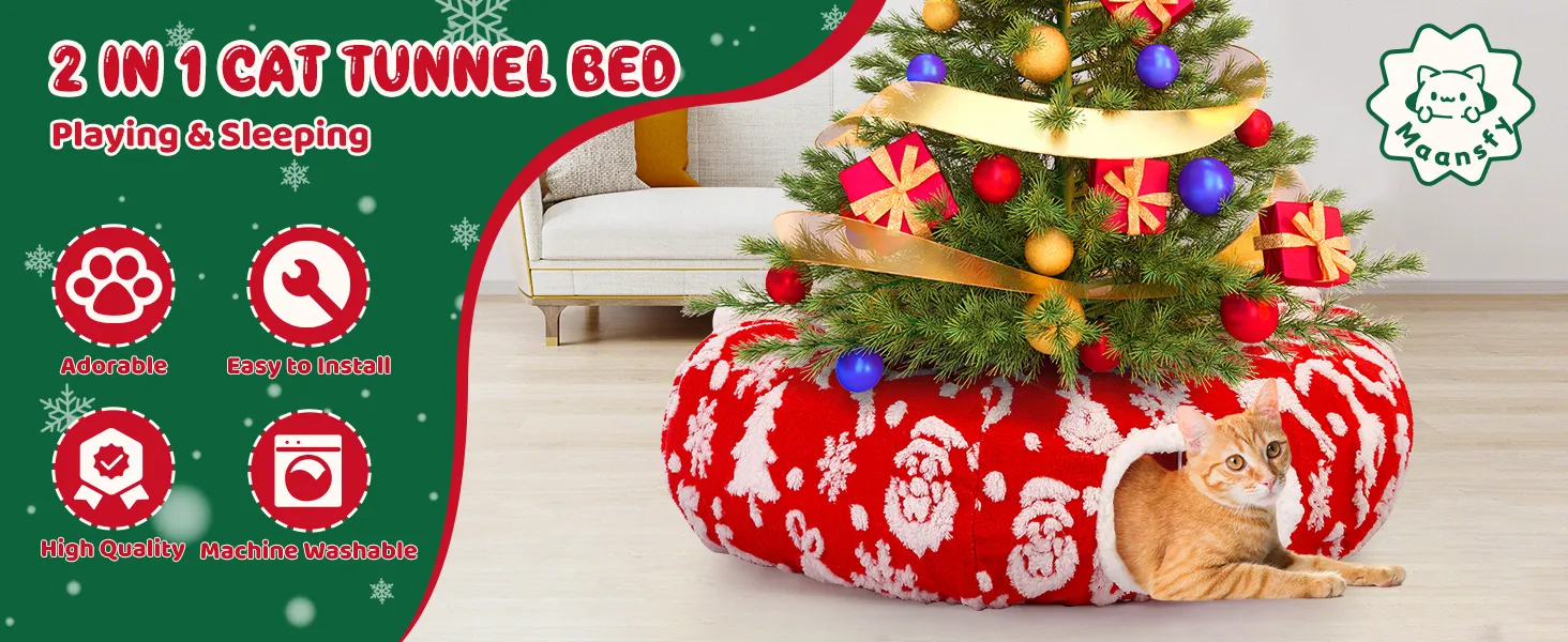 CORALMEE Cat Tunnel Christmas Tree Skirt, Cat Tunnel Bed with