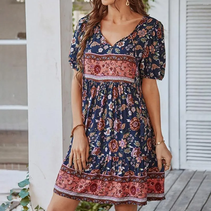 Casual Dresses Bohemian Resort Dress Women's V Neck Cotton Linen Loose Summer Swing Plead Holiday Beach Elegant Vestidos