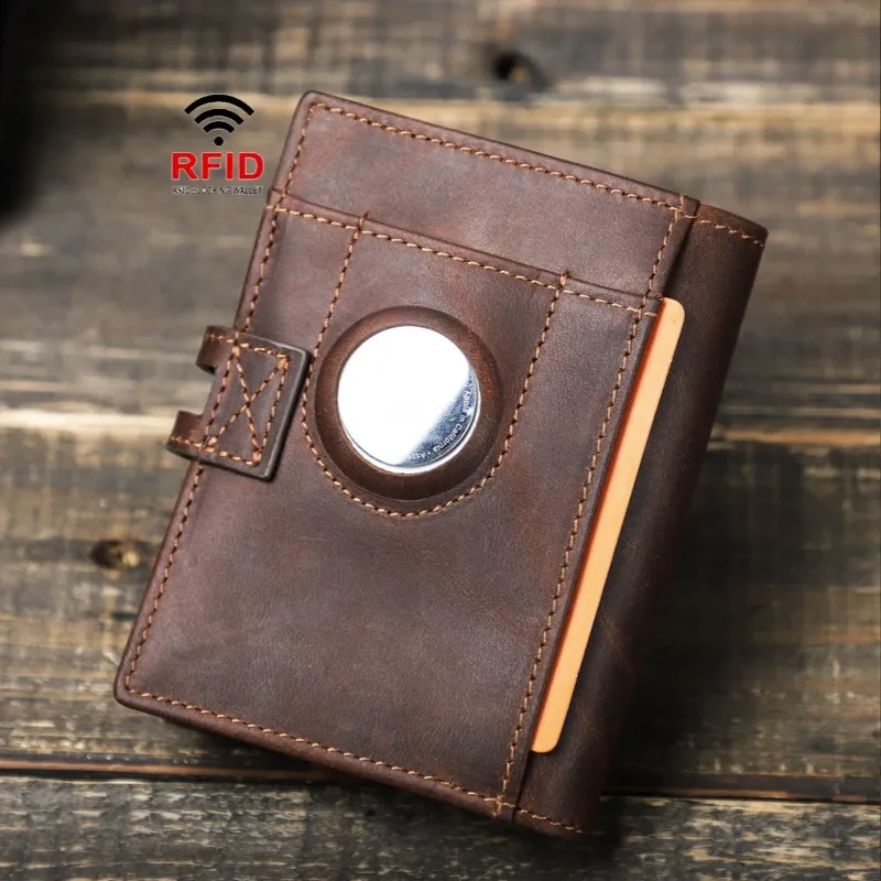 Wallets Airtag Tracker RFID Antitheft Brush Fashion Men Wallet Magnetic Button Genuine Leather Purse 2023 Money Bags Credit Card Holder
