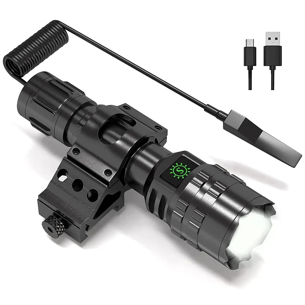 Scopes Updated P50 Tactical Led Flashlight 2000 Lumens Rechargeable Zoomable Flashlight with Flashlight Mount Clip Hunting Weapon Light