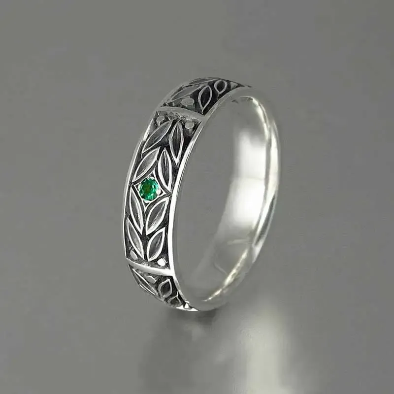 Bands Huitan Retro Anniversary Gift Ring For Women With Vintage Leaves Engraved With One Tiny Green Cubic Zircon Stone Finger Rings