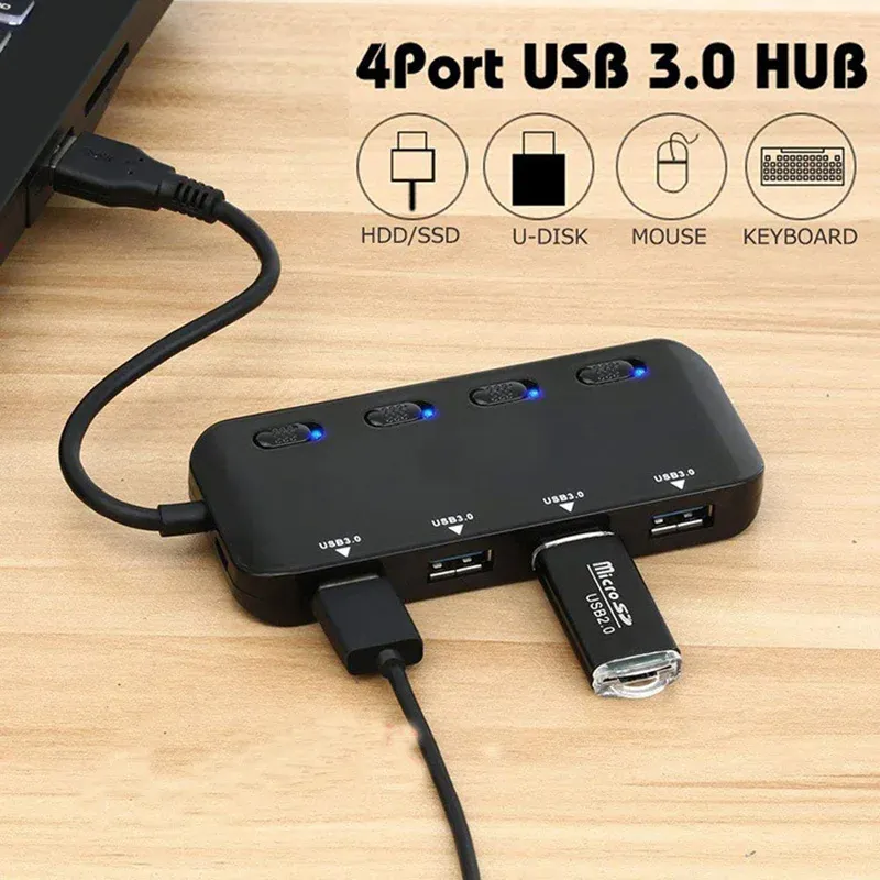 Hubs Ultra Slim 4 Port USB 3.0 Data Hub Splitter Extender med individuella strömbrytare och LED -lampor