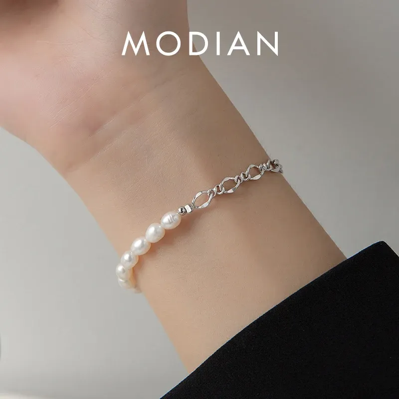 STRANDS MODIAN 925 STERLING Silver Baroque Pearl Fashion Bracelet Chain Link pour les femmes Design irrégulier Fine Bijoux Femme Cadeaux