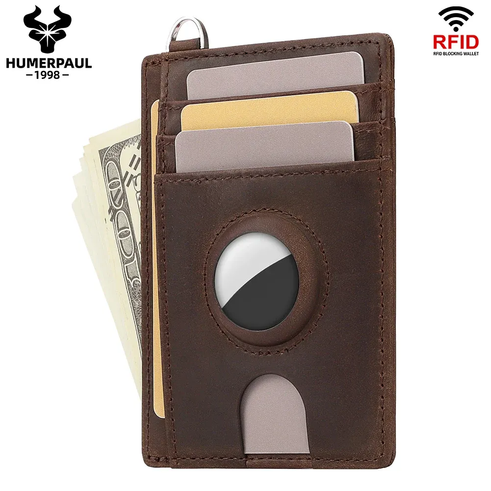 Holders Retro Slim RFID Credit Card Holder with AirTag Cover Cowhide Mini Money Case for Men Women Business Cardholder Case 8*1*11cm