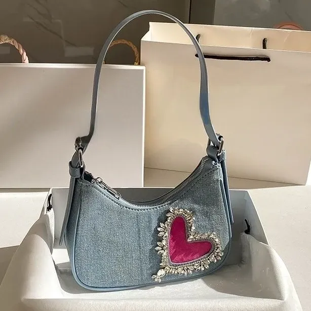 Wallets Retro Fashion Denim Bag Niche Shiny Heart Rhinestone Underarm Bag Women Bag Shoulder Bag Wallet Storage Bag Purses Handbags