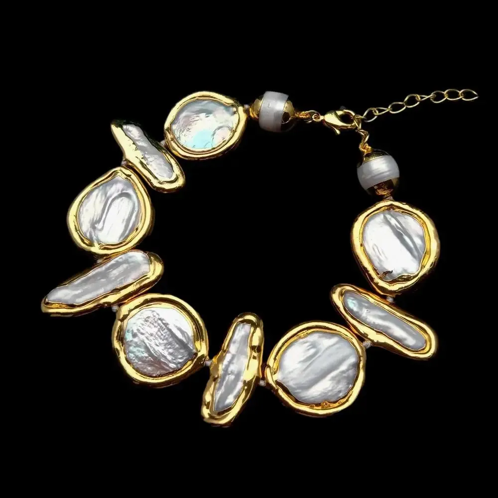 Yygemwaterh Freshwater White Biwa Pearl Moeda Pearl Gold Batlelet de ouro 8.5 240414