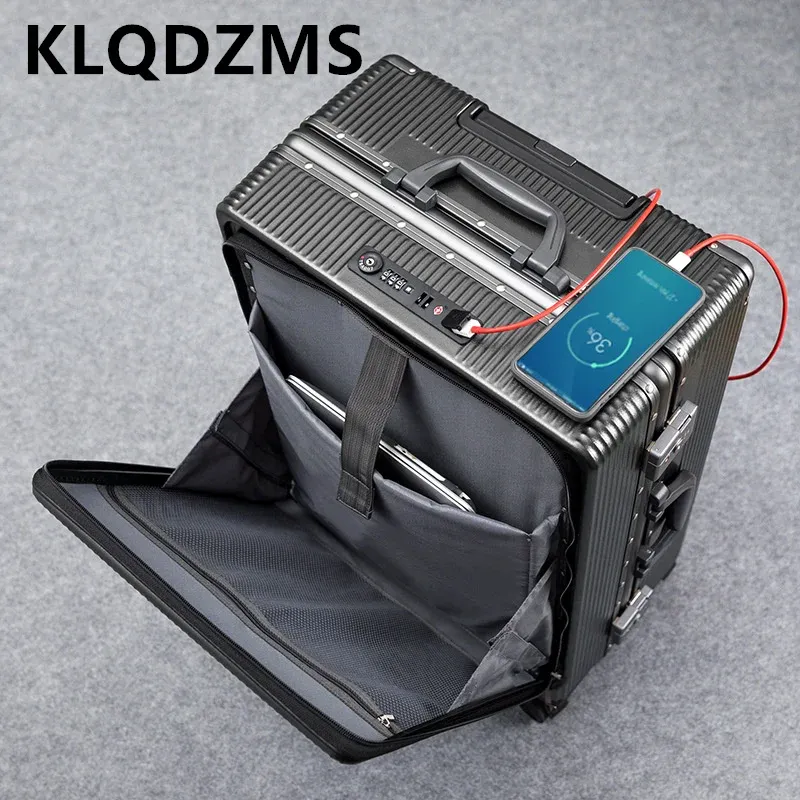 Luggage KLQDZMS 20"24"26inch PC Multifunctional Zipper Aluminum Frame Durable Luggage Opening Charging Travel Password Boarding Suitcase