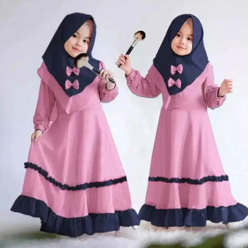 Vêtements Eid Arabe Robe 2 pièces Kids Girls Khimar Caftan Set Tenues musulmanes Islam Vêtements Burqa Abaya Écharpe Kaftan Prayer Robe Garment