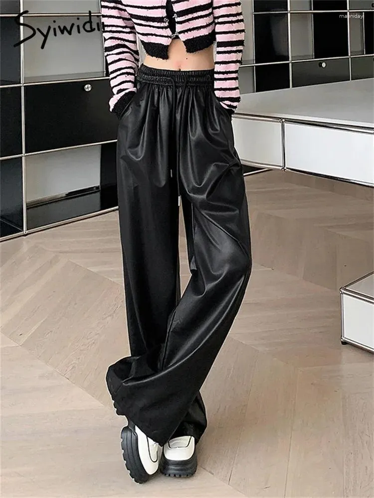 Pantaloni da donna Syiwidii Black puma in pelle finta 2024 Autunno inverno inverno in alto gamba larga vintage dritta intera lunghezza