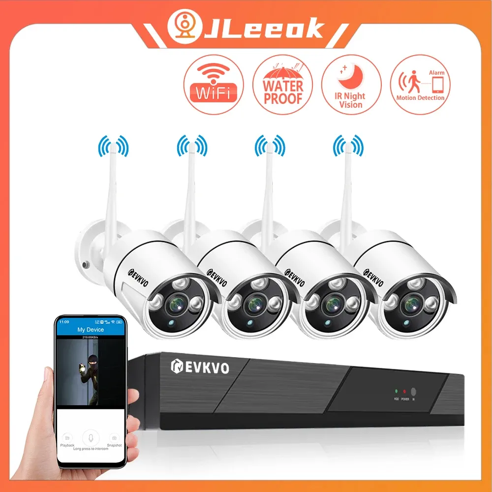 Камеры Jleeok 1080p 4CH беспроводная система видеонаблюдения 2MP 2MP. Внешний водонепроницаемый Wi -Fi IP Security Audio Acrop P2P Комплект видеонаблюдения