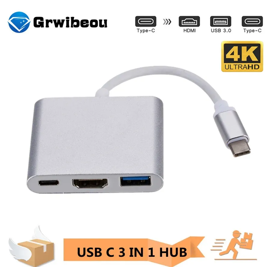 Hubs 3 i 1 typ C till HDMICompatible USB 3.0 laddningsadapter USBC 3.1 nav för Mac Air Pro Huawei Mate10 Samsung S8 Plus