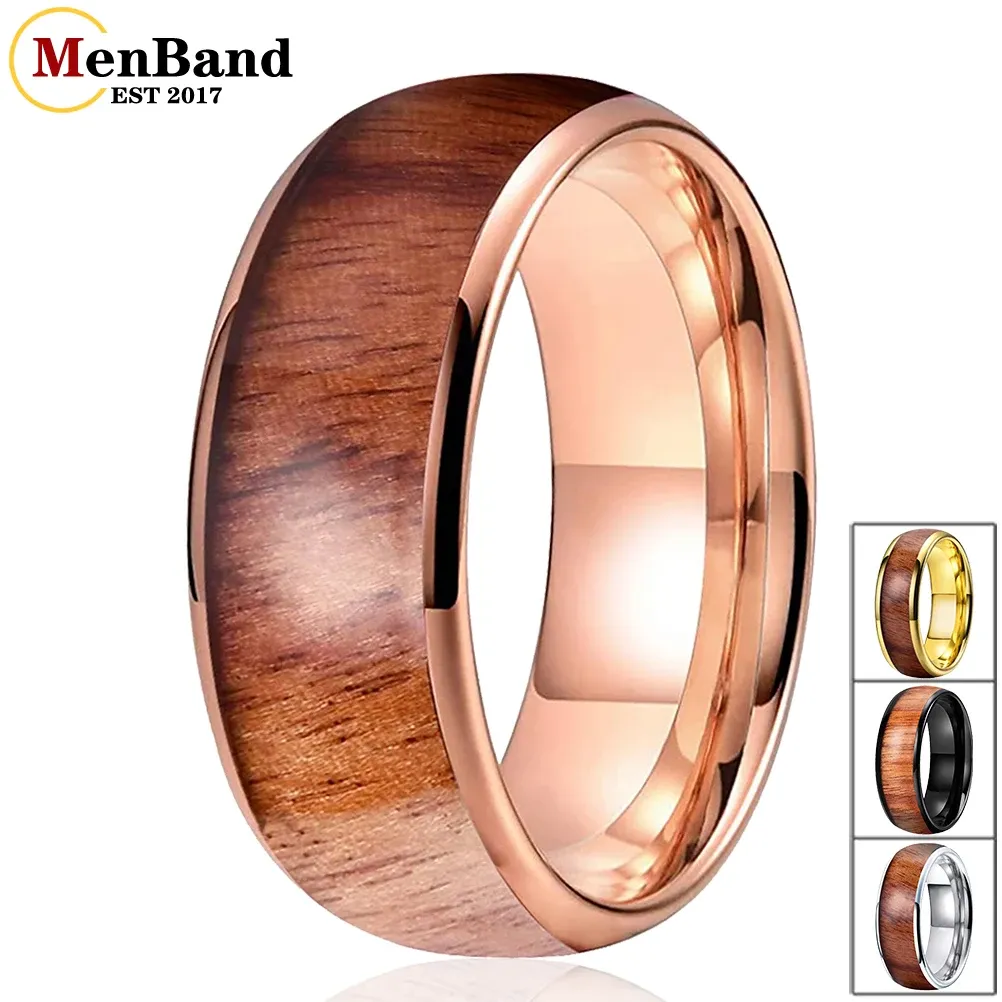 Rings MenBand Fashion Rose Gold 6MM 8MM Men Women Tungsten Carbide Wedding Ring Vietnam Acid Wood Inlay Dome Polished Comfort Fit