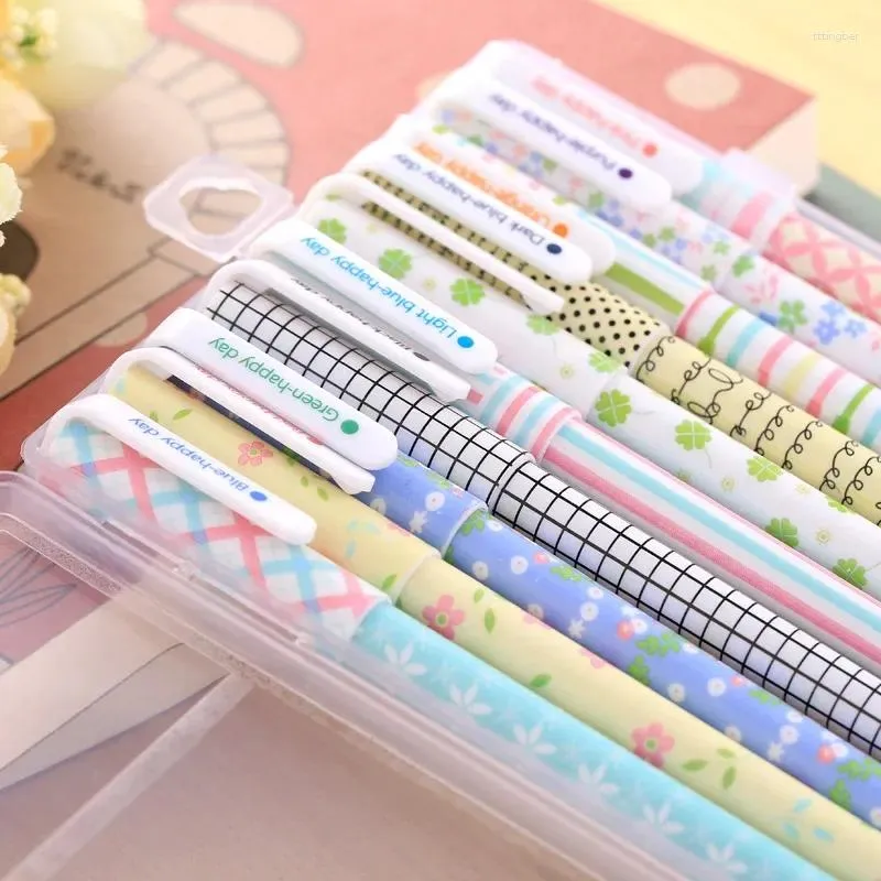 10st/set Cute Cartoon Gel Pennor Ins Smooth Writing Colorful Ink Neutral med Storage Box Kawaii Stationery Office Supplies